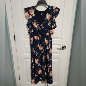 Soprano Wrap Dress Navy Blue Floral Ruffled Cap Sleeves Sheath Womens XL